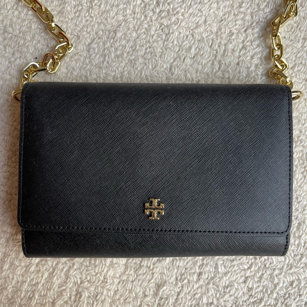Tory Burch Wallet on Chain (WOC) Purse - Genuine black leather, gold hardware
